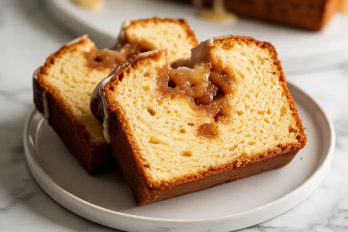 Close-up of two thick slices of brown sugar cinnamon pound cake on a plate, showcasing a rich cinnamon swirl in the soft crumb.