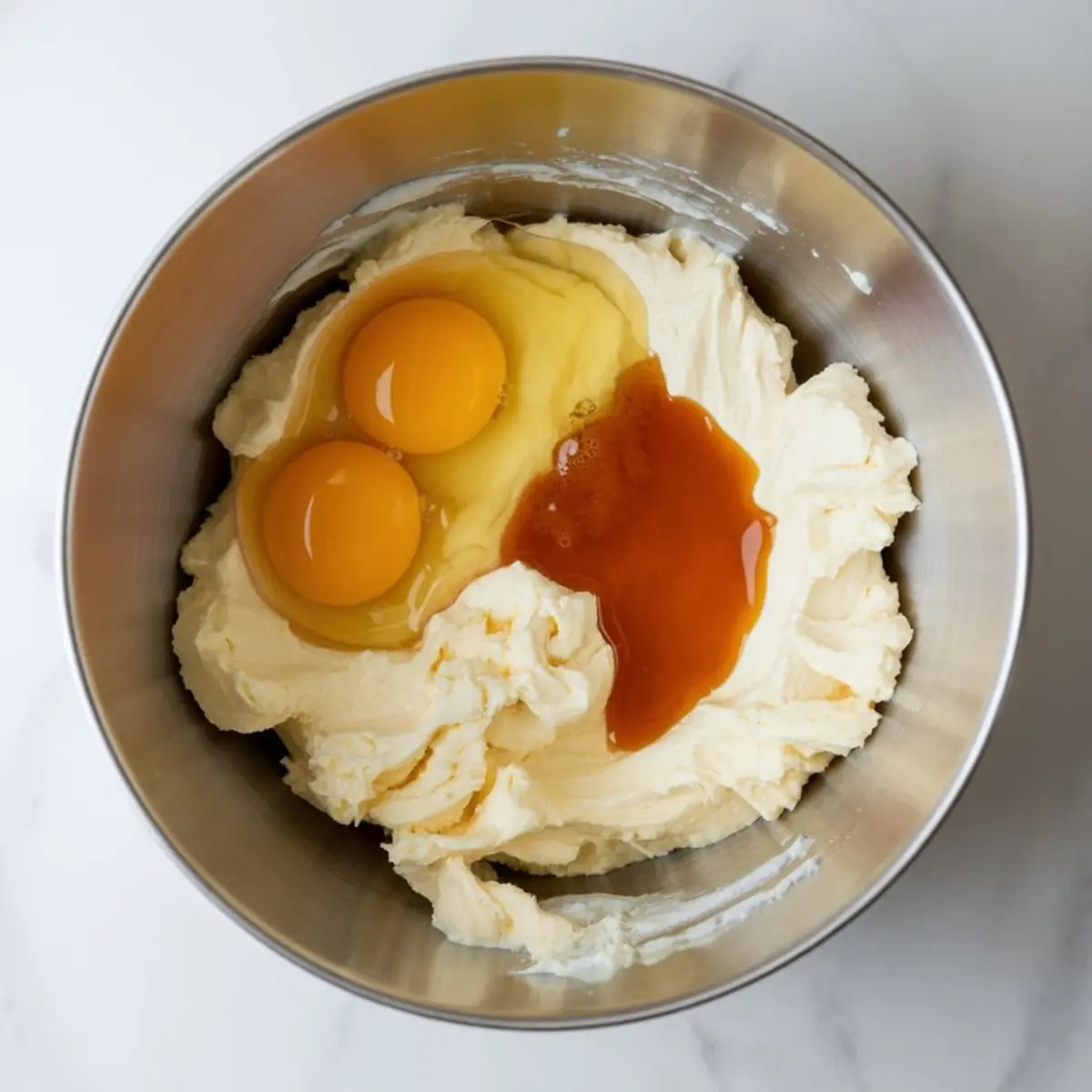Stainless steel bowl containing cake batter with two raw eggs and a pour of vanilla extract resting on top before mixing.