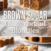 Vertical photo collage of gingerbread blondie bars with icing, including a text overlay in the center and a close-up of a soft blondie square with visible nutty pieces on a white marble dish.