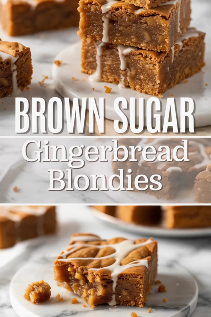 Vertical photo collage of gingerbread blondie bars with icing, including a text overlay in the center and a close-up of a soft blondie square with visible nutty pieces on a white marble dish.