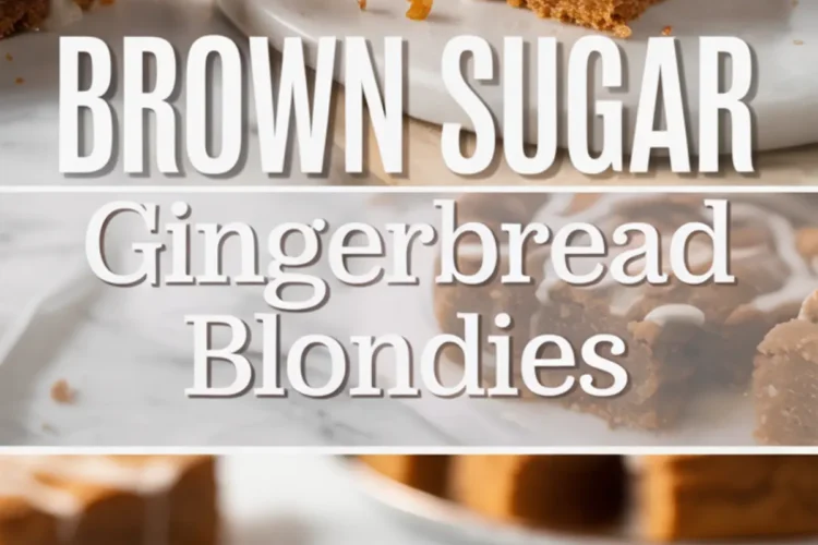 Vertical photo collage of gingerbread blondie bars with icing, including a text overlay in the center and a close-up of a soft blondie square with visible nutty pieces on a white marble dish.
