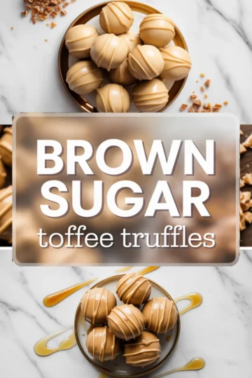 Vertical collage featuring round brown sugar toffee truffles on a marble background, drizzled with caramel, paired with bold text reading “Brown Sugar Toffee Truffles” in the center and surrounded by chopped toffee bits.