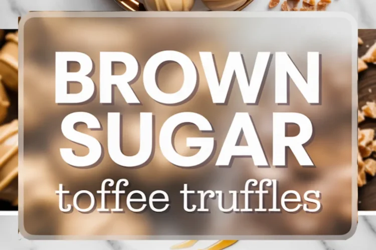 Vertical collage featuring round brown sugar toffee truffles on a marble background, drizzled with caramel, paired with bold text reading “Brown Sugar Toffee Truffles” in the center and surrounded by chopped toffee bits.