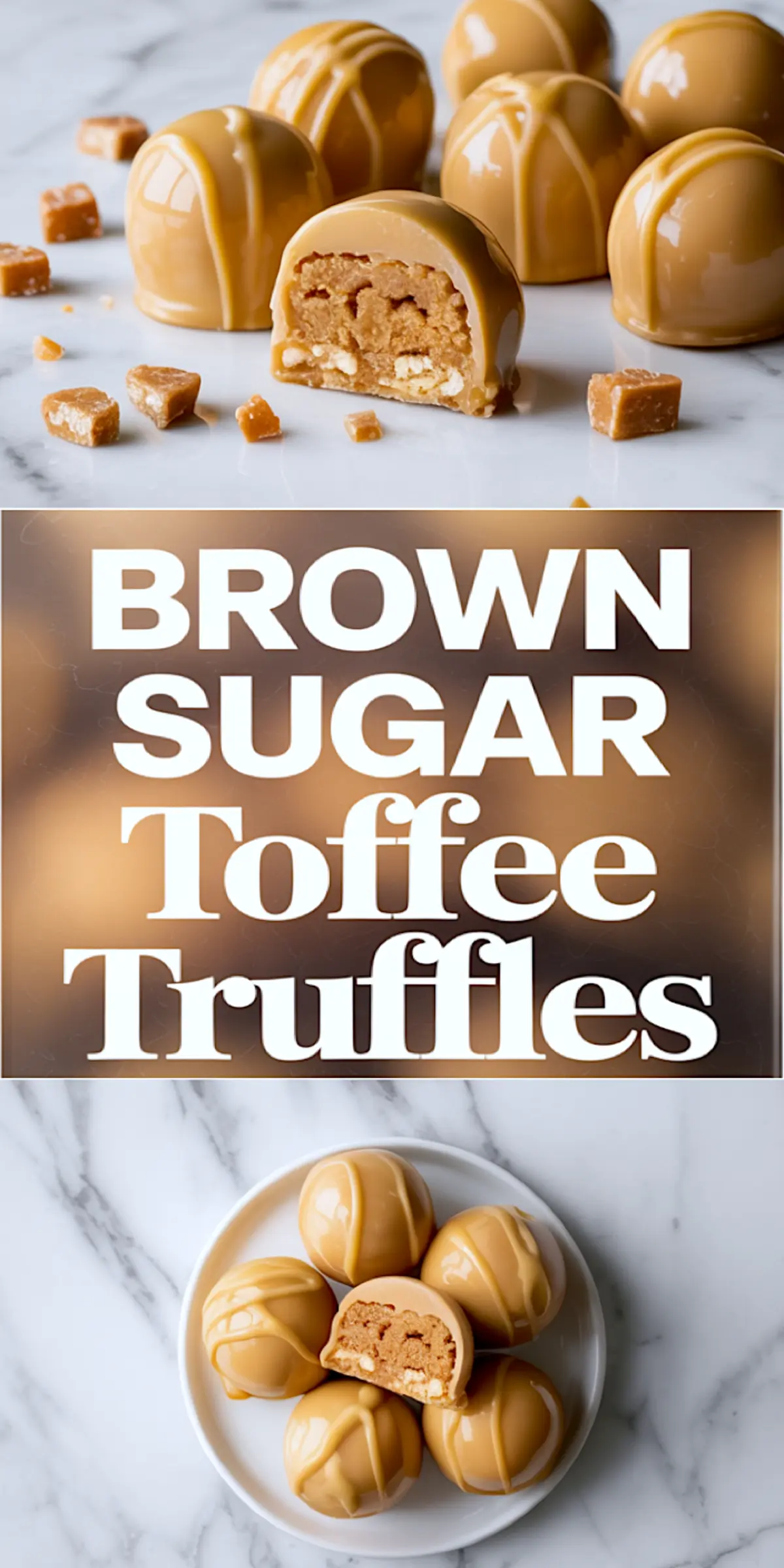 Overhead shot of caramel-drizzled brown sugar toffee truffles arranged in a circle on a glossy bronze plate with toffee crumbles on a white marble surface.
