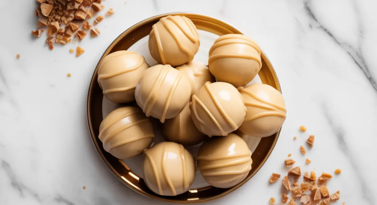 Close-up of glossy toffee truffles with a caramel drizzle, one cut open to reveal a crumbly center, styled next to toffee chunks on a white marble background.