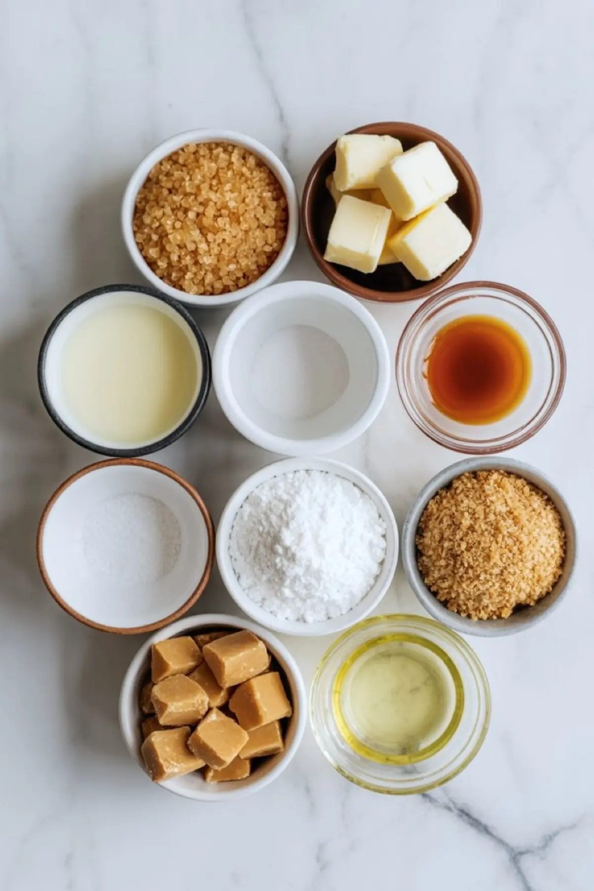 Caramel mixture bubbling in a saucepan with a pitcher of cream and a bowl of vanilla extract placed nearby on a white marble countertop.