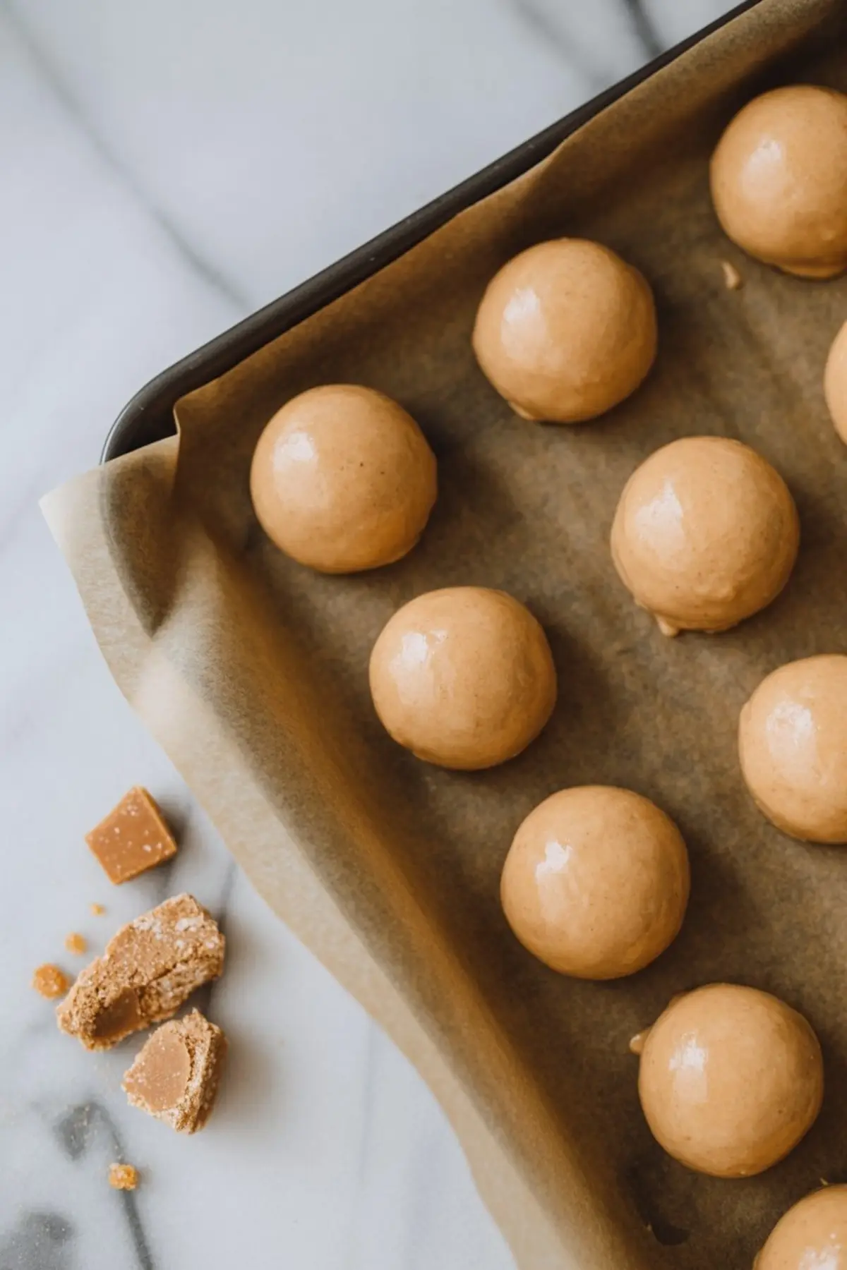 Smooth caramel truffle dough balls arranged on a parchment-lined baking tray, ready for chilling or coating, with broken pieces of toffee on a marble surface.