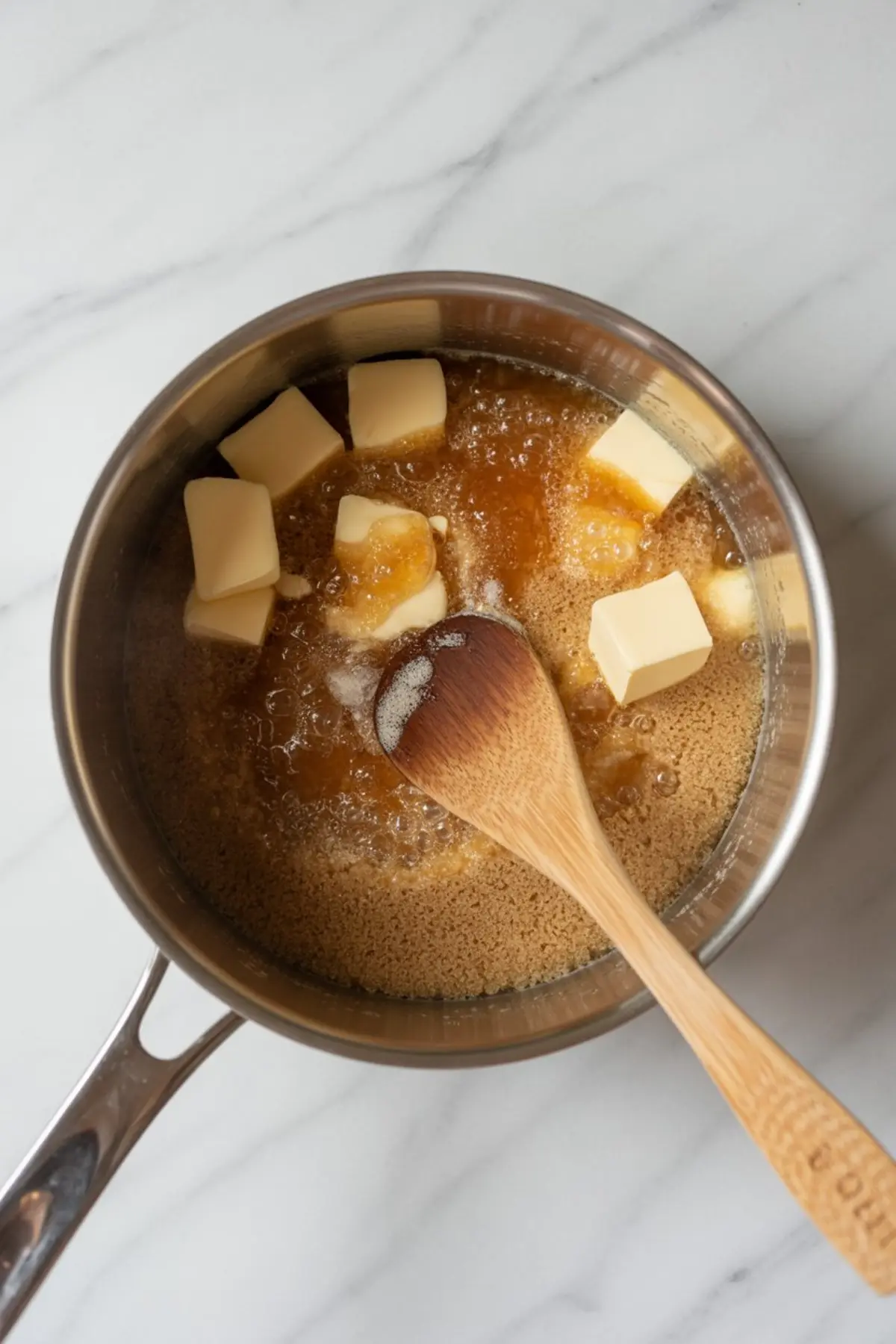 Butter melting into a bubbling brown sugar mixture in a saucepan with a wooden spoon, beginning the caramel truffle base preparation.