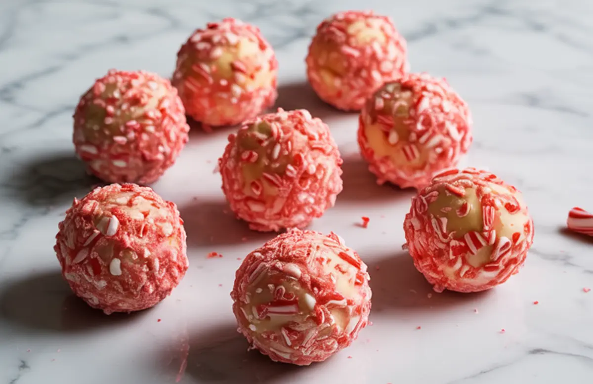 Marble surface with eight candy cane fudge snowballs topped with crushed peppermint pieces, showcasing a festive homemade holiday dessert.