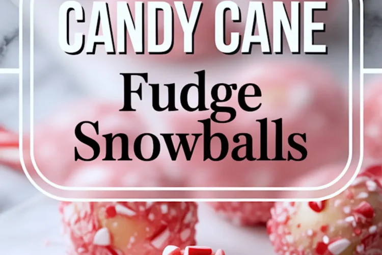 Vertical collage of candy cane fudge snowballs coated in crushed peppermint with a bold text overlay. The lower section shows a close-up bite revealing creamy layers of white fudge.