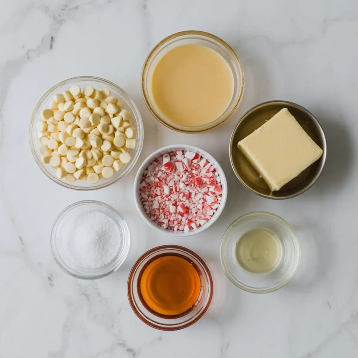 Flat lay of candy cane fudge snowball ingredients including white chocolate chips, crushed peppermint, sweetened condensed milk, butter, sugar, vanilla, and peppermint extract.