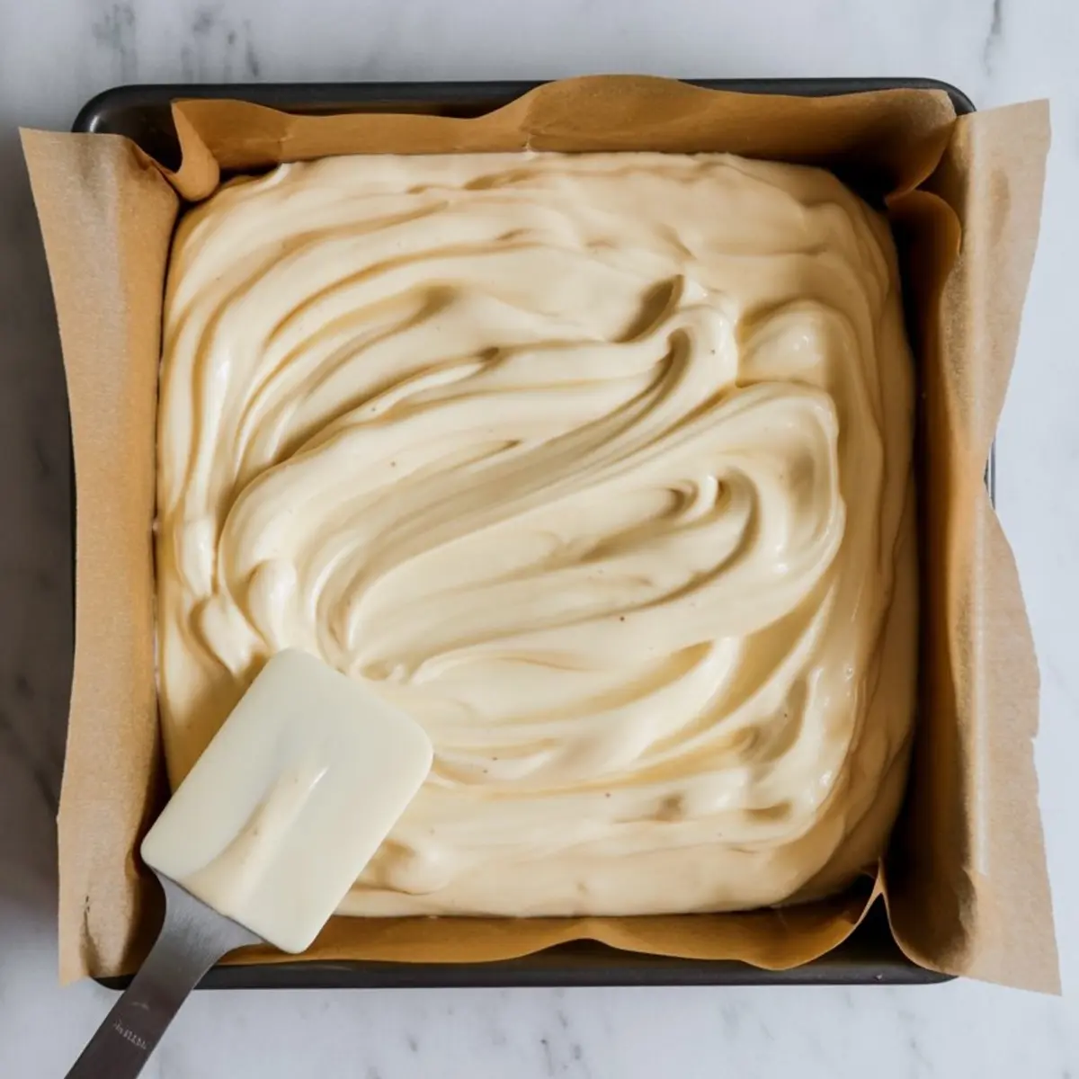 Square pan lined with parchment paper and filled with smooth white fudge mixture, swirled with a spatula on a marble surface.