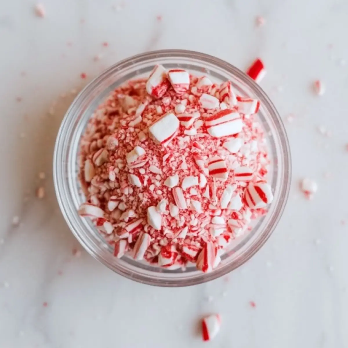 Glass bowl filled with crushed peppermint candy pieces, featuring vibrant red and white stripes on a white marble background.