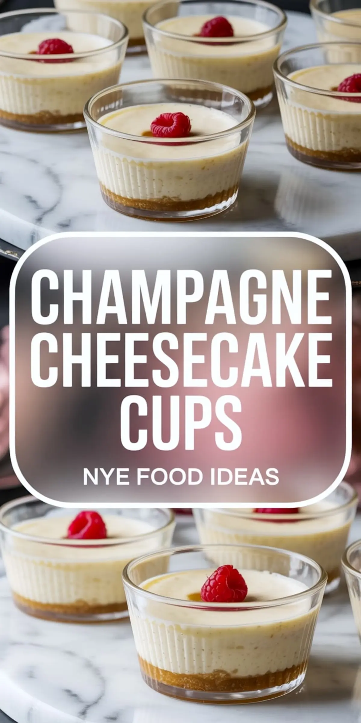Champagne cheesecake cups with graham cracker crusts and raspberry toppings, arranged on a marble board, featured with bold text overlay that reads “Champagne Cheesecake Cups – NYE Food Ideas.”