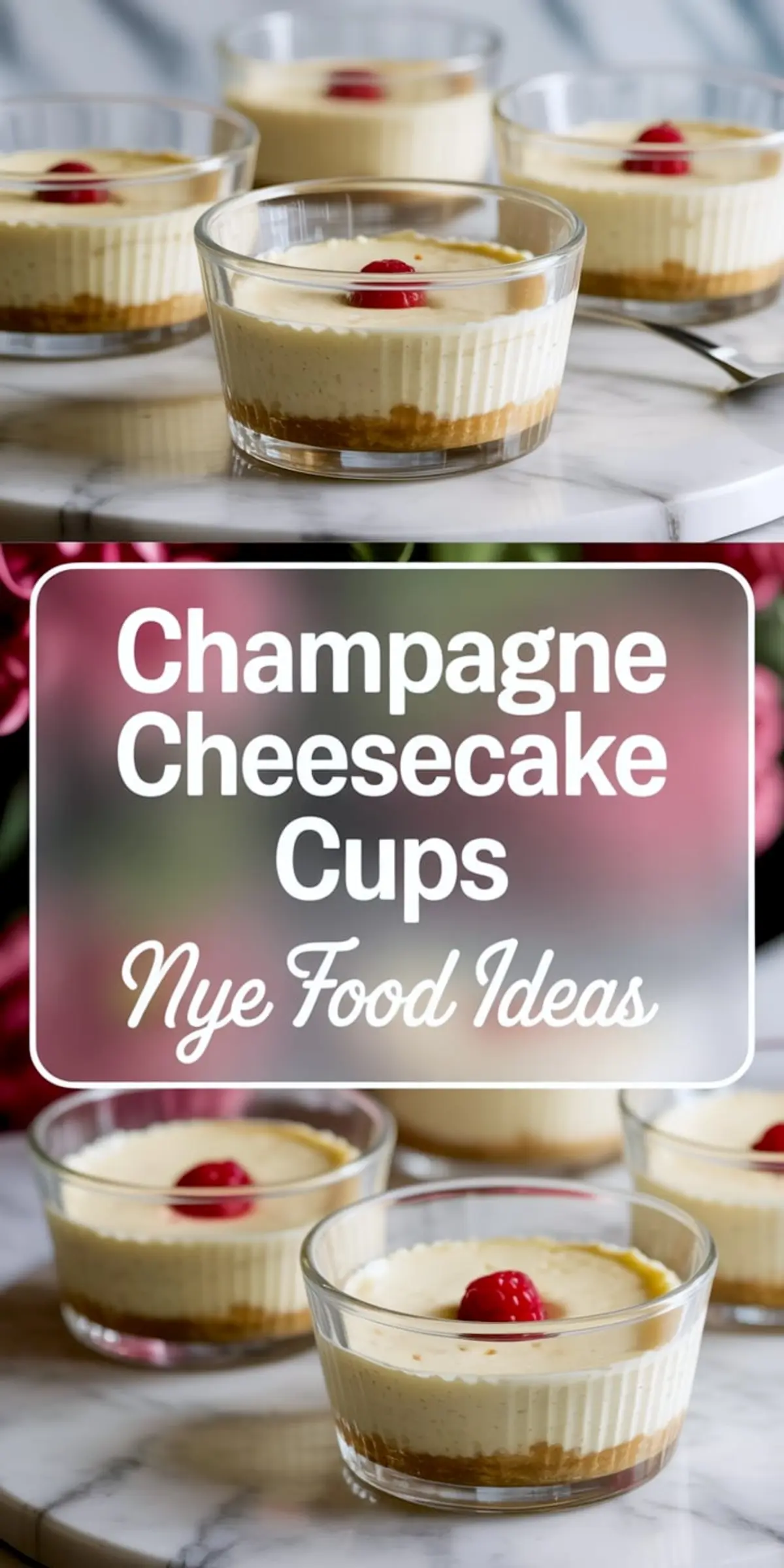 Glass cups filled with mini champagne cheesecakes, each topped with a raspberry, styled on a marble surface with overlay text saying “Champagne Cheesecake Cups – NYE Food Ideas.”