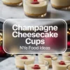 Mini champagne cheesecake cups topped with raspberries displayed on a marble board, decorated with festive background lights and overlay text that reads “Champagne Cheesecake Cups – NYE Food Ideas.”