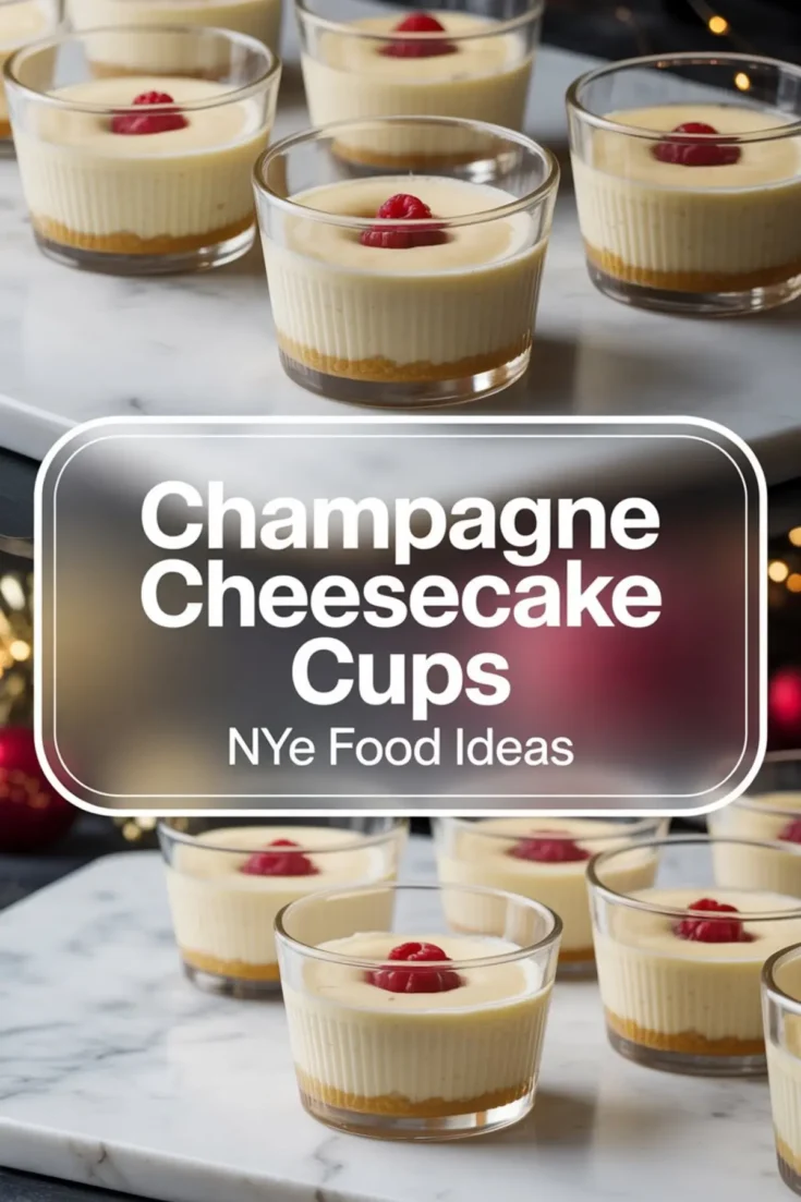 Mini champagne cheesecake cups topped with raspberries displayed on a marble board, decorated with festive background lights and overlay text that reads “Champagne Cheesecake Cups – NYE Food Ideas.”