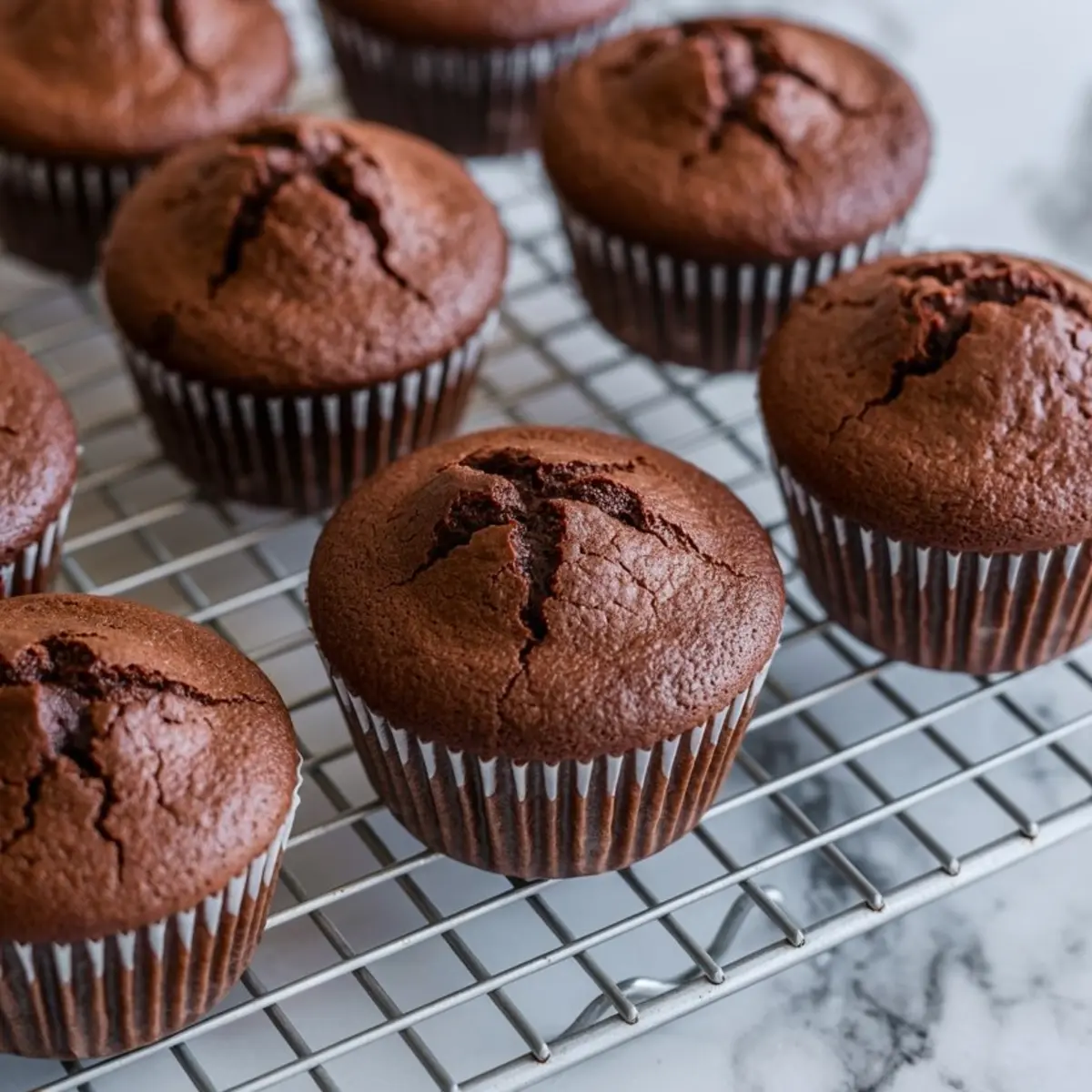 Cooling rack with freshly baked chocolate cupcakes that show cracked tops and rich brown color on a marble surface.
