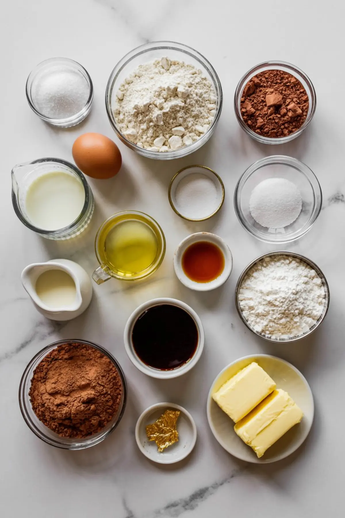Flat-lay arrangement of baking ingredients including flour, cocoa powder, butter, sugar, egg, milk, oil, vanilla, and cream on a white marble surface.
