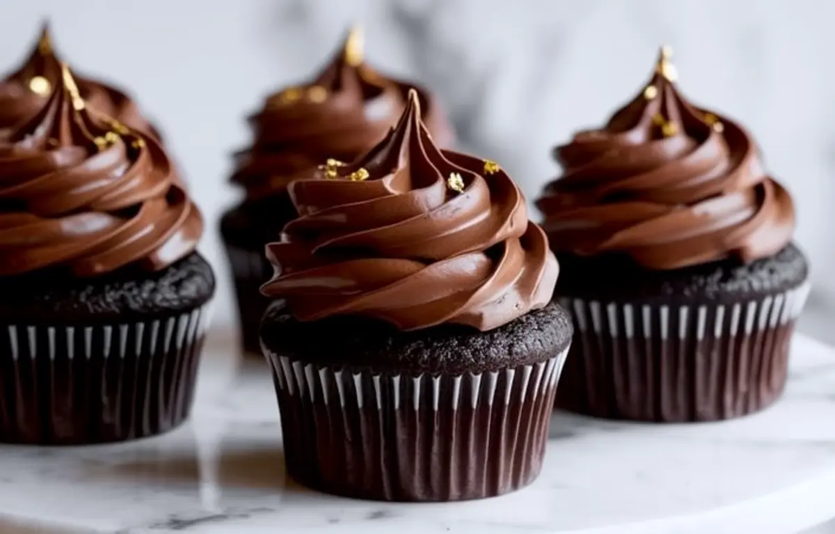 Row of dark chocolate cupcakes topped with tall chocolate swirls and gold leaf accents on a marble surface.
