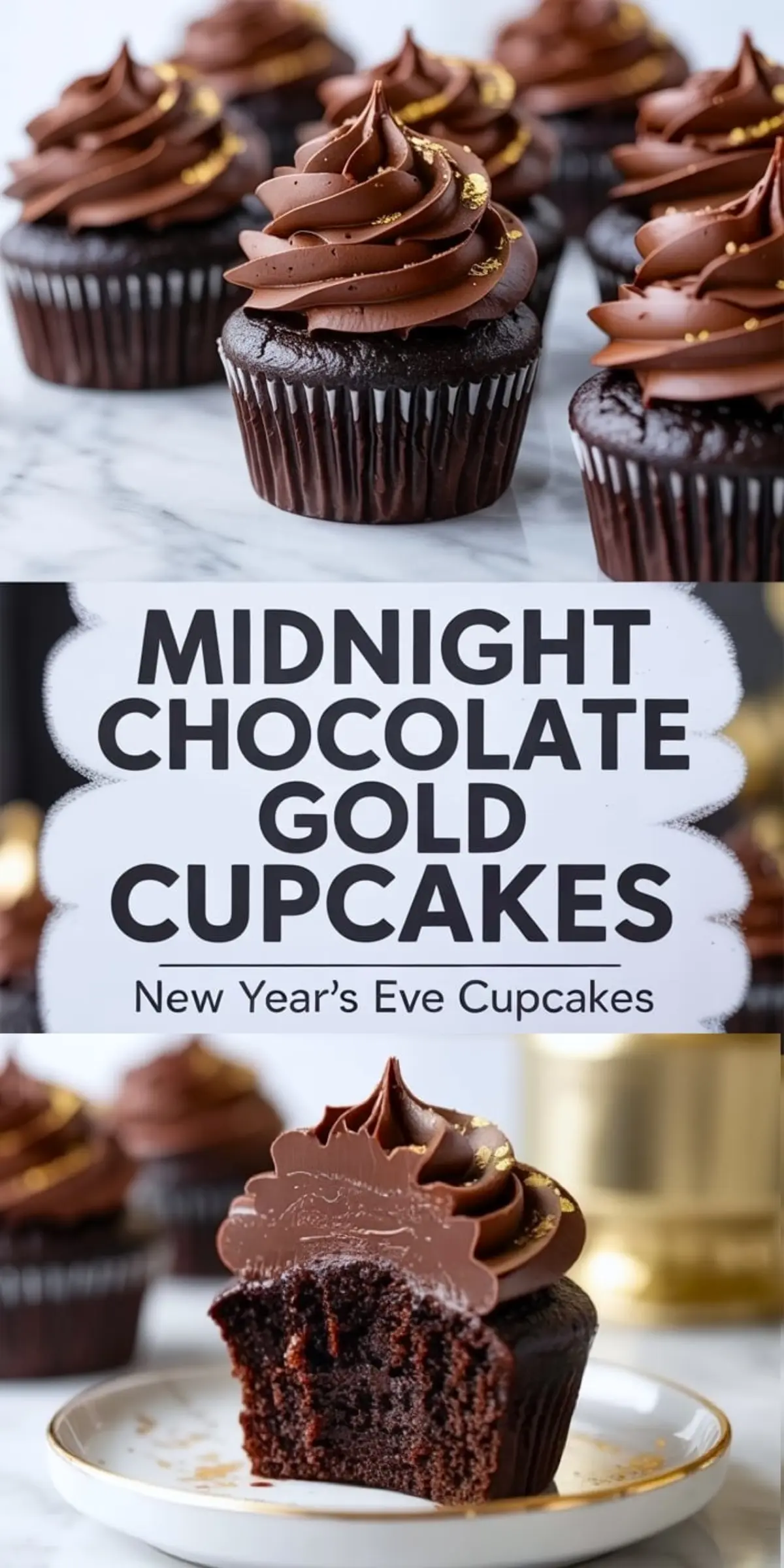 Vertical collage featuring chocolate cupcakes with gold-specked frosting in the top panel, centered text reading “Midnight Chocolate Gold Cupcakes — New Year’s Eve Cupcakes” in the middle panel, and a bitten chocolate cupcake with chocolate ganache center in the bottom panel.
