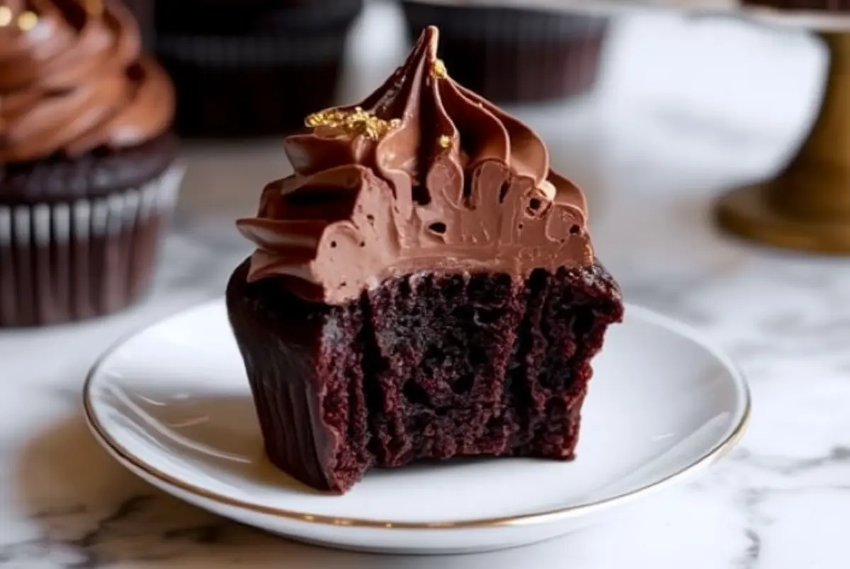 Close-up of a bitten chocolate cupcake on a white plate showing a moist interior and thick chocolate frosting with gold leaf decoration.
