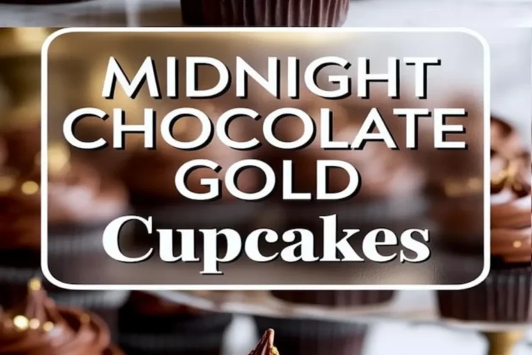 Vertical collage with chocolate cupcakes topped with glossy chocolate swirls and gold accents in the top panel, bold text reading “Midnight Chocolate Gold Cupcakes” in the center panel, and a bitten cupcake with deep chocolate crumb and piped frosting in the bottom panel.