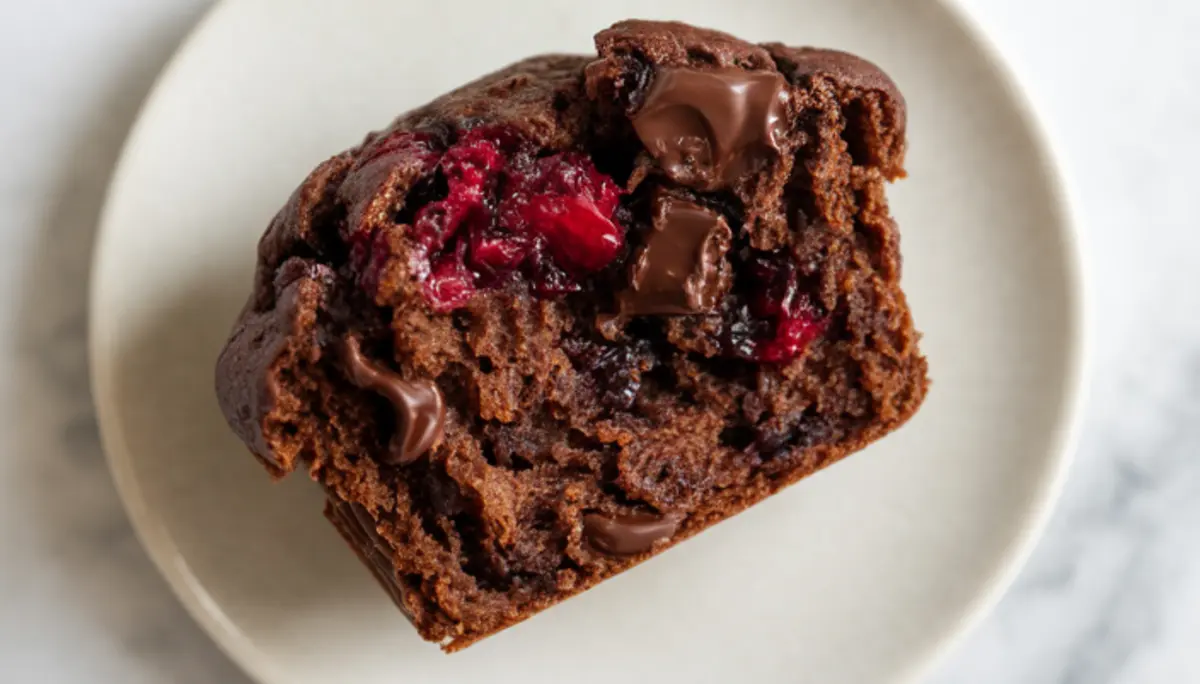 Close-up of a halved chocolate cranberry muffin on a white plate, highlighting melted chocolate chunks and vibrant red cranberries inside the moist crumb.
