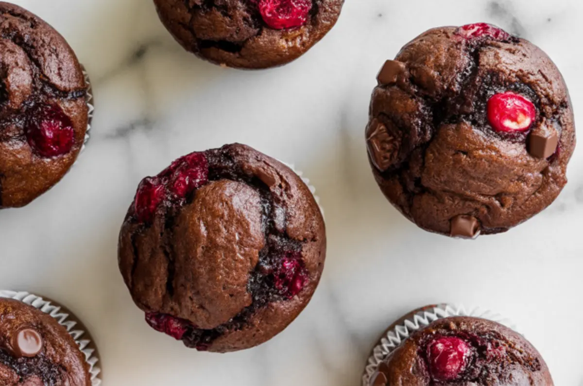 Flat lay of six freshly baked chocolate cranberry muffins on marble, showcasing slightly cracked tops with visible cranberries and chocolate pieces.