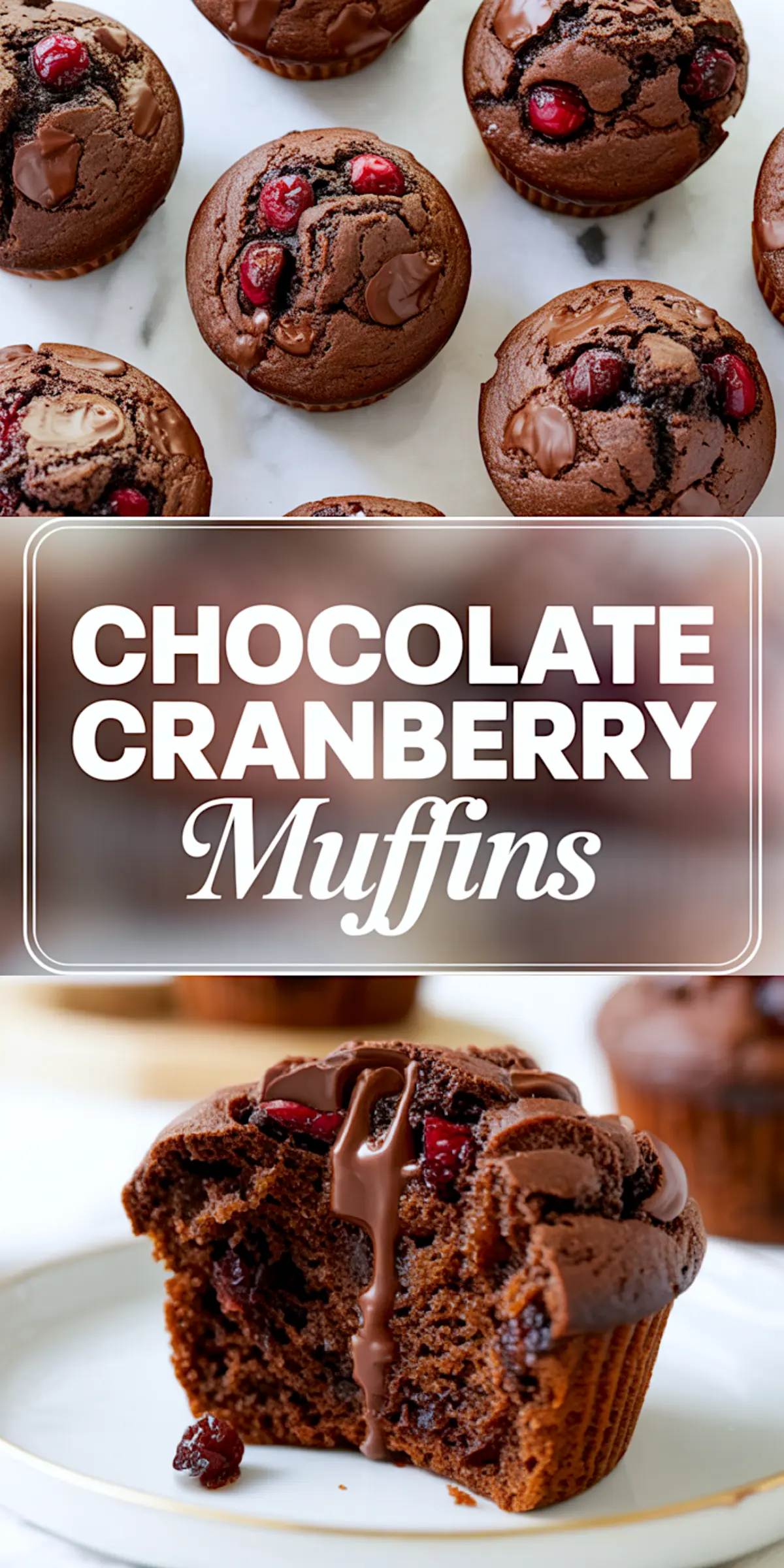 Vertical collage with overhead view of baked chocolate cranberry muffins and a halved muffin showing melted chocolate and cranberry pieces, with stylized text reading “Chocolate Cranberry Muffins”.