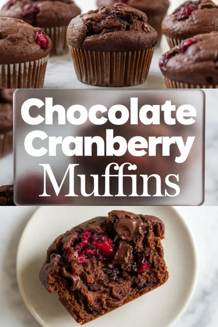 Horizontal collage of chocolate cranberry muffins in brown paper liners on a marble surface and a close-up of a halved muffin showing gooey chocolate and berries, with bold “Chocolate Cranberry Muffins” title in white.