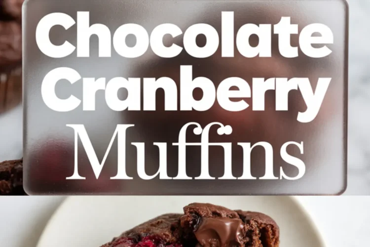 Horizontal collage of chocolate cranberry muffins in brown paper liners on a marble surface and a close-up of a halved muffin showing gooey chocolate and berries, with bold “Chocolate Cranberry Muffins” title in white.