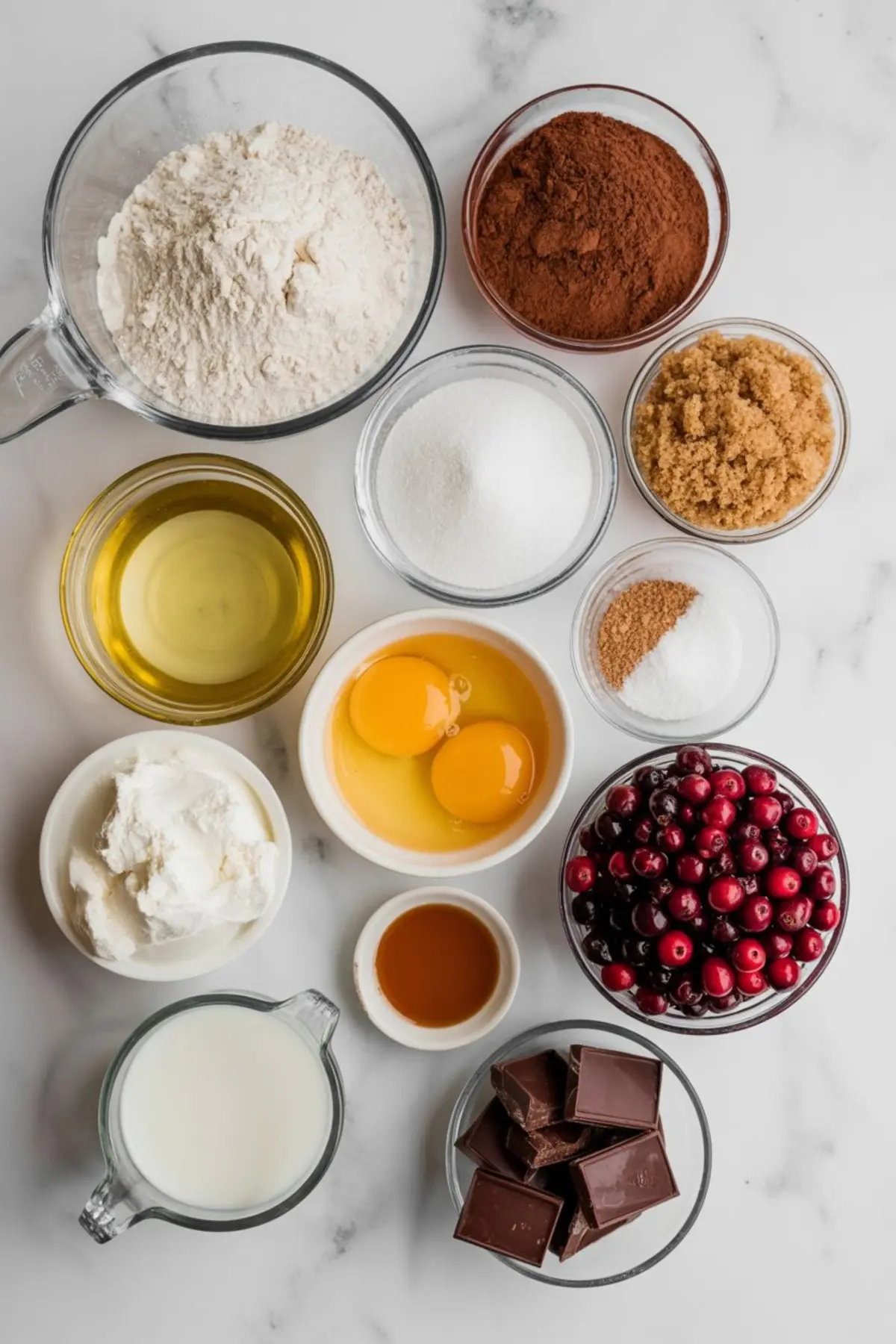 Overhead view of individual baking ingredients arranged on a marble surface, including flour, cocoa powder, sugar, brown sugar, eggs, oil, vanilla, cranberries, chocolate chunks, ricotta, milk, and spices.