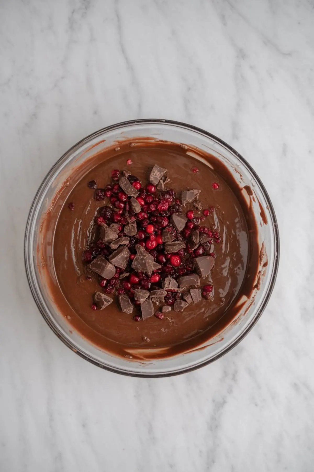 Thick chocolate muffin batter in a glass bowl with fresh cranberries and chopped chocolate pieces sprinkled on top before mixing.