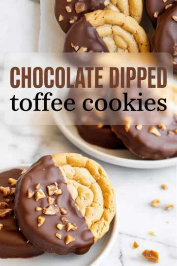 Chocolate-dipped toffee cookies arranged on a plate, with chopped toffee pieces sprinkled over the chocolate coating and bold text overlay labeling the cookies.