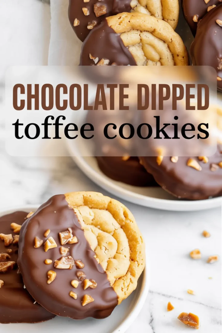 Chocolate-dipped toffee cookies arranged on a plate, with chopped toffee pieces sprinkled over the chocolate coating and bold text overlay labeling the cookies.