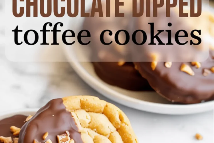 Chocolate-dipped toffee cookies arranged on a plate, with chopped toffee pieces sprinkled over the chocolate coating and bold text overlay labeling the cookies.