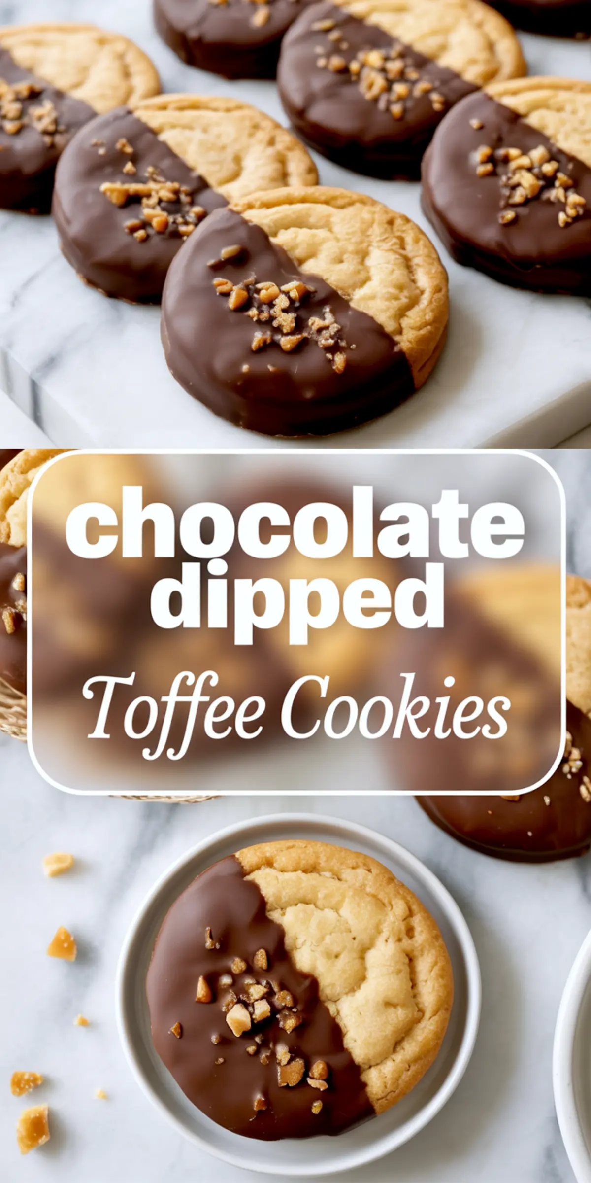 A two-part vertical collage featuring chocolate-dipped toffee cookies arranged in a row at the top and a close-up of a single cookie on a small white plate at the bottom, overlaid with the text “chocolate dipped Toffee Cookies”.