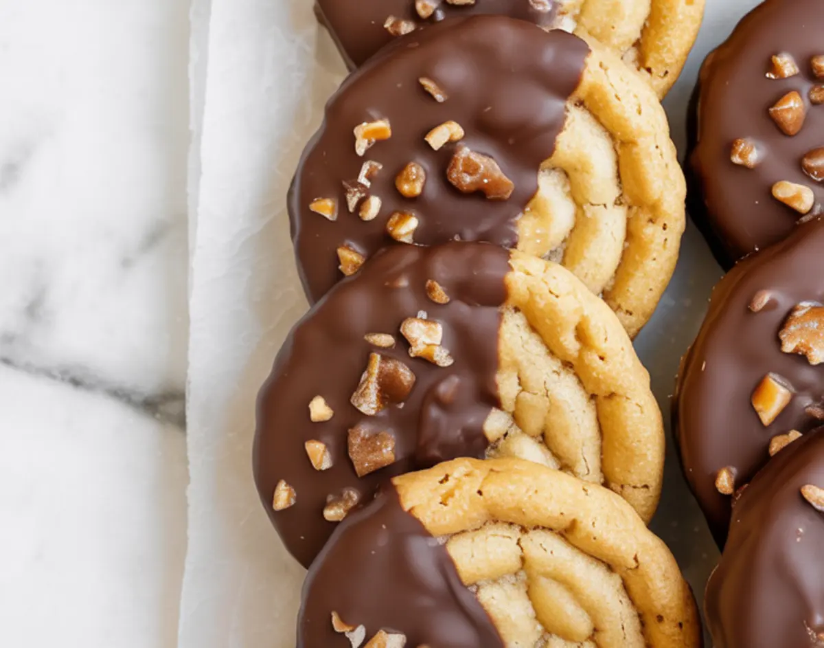 A close-up of neatly stacked chocolate-dipped toffee cookies topped with crushed toffee bits on a white tray lined with parchment paper.