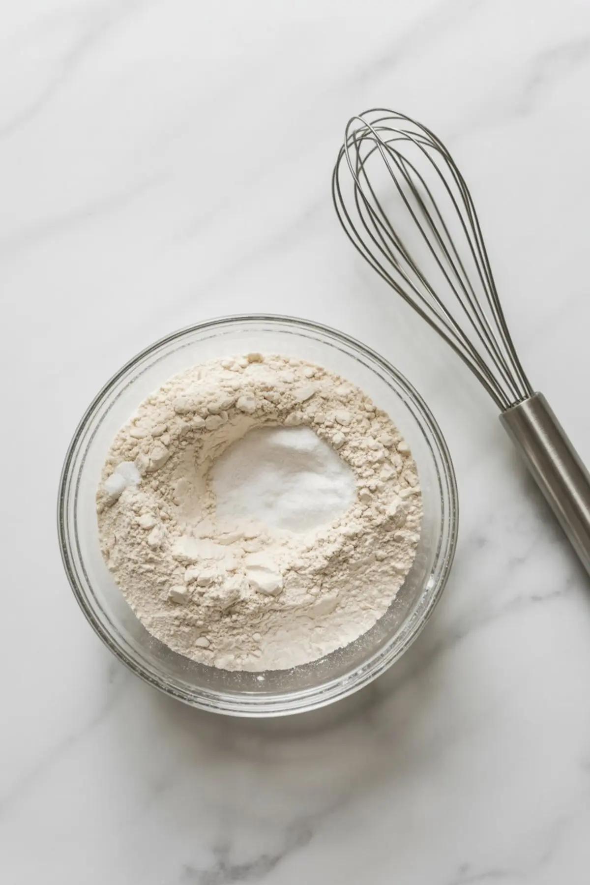 A glass mixing bowl with a mound of flour, baking soda, and salt in the center, sitting next to a metal whisk on a white marble background.