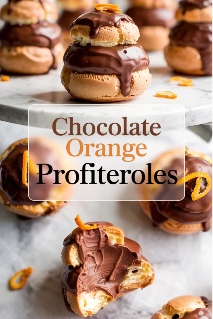 Chocolate orange profiteroles stacked on a marble cake stand, topped with glossy chocolate ganache and orange peel curls, with one cream-filled pastry cut open to show the inside.