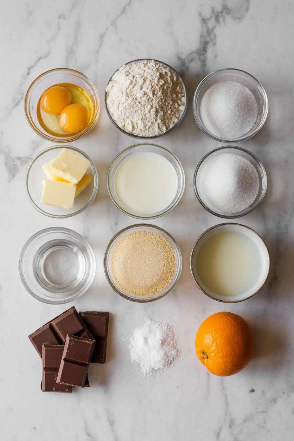 Overhead view of baking ingredients arranged on a marble surface, including eggs, flour, granulated sugar, butter, milk, water, semolina, sweetened condensed milk, chocolate squares, baking powder, and a whole orange.