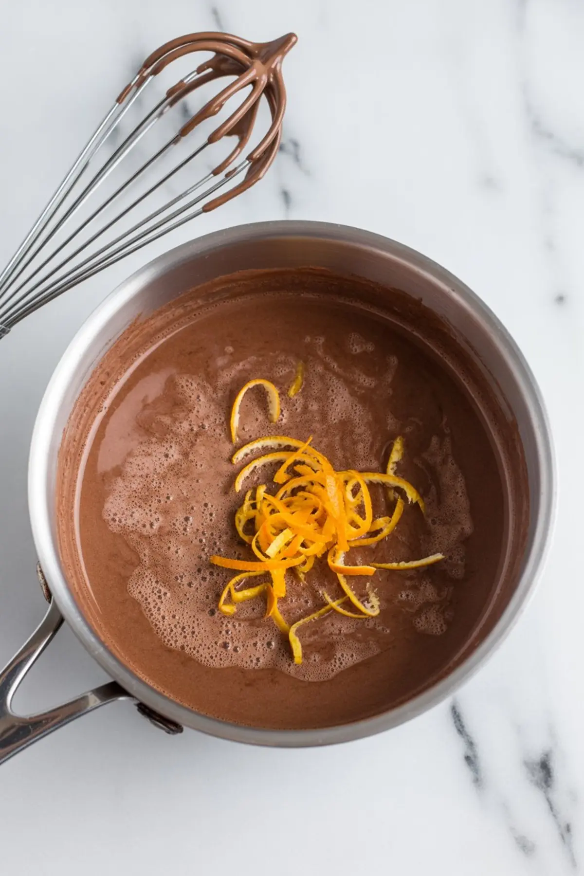 Rich chocolate orange ganache in a saucepan topped with fresh orange zest curls, with a chocolate-coated whisk resting on the rim.