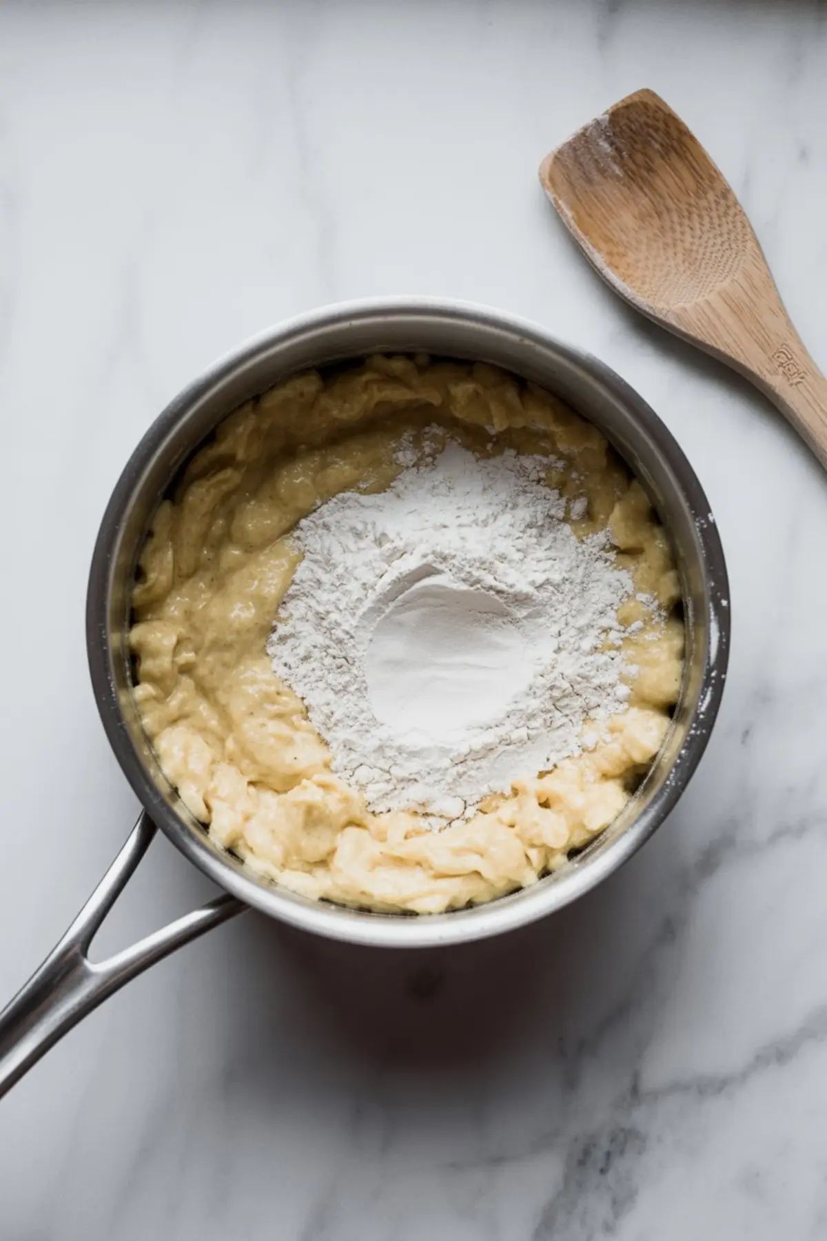 Choux pastry dough in a saucepan with a mound of white flour added on top, beside a wooden spoon on a marble background.