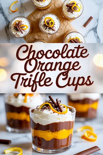 Chocolate orange trifle cups collage featuring whipped cream-topped desserts garnished with chocolate curls and orange peel, paired with bold title text “Chocolate Orange Trifle Cups” and close-up of layered dessert in a glass.