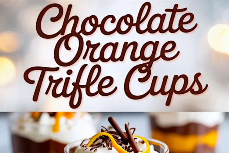 Chocolate orange trifle cups collage featuring whipped cream-topped desserts garnished with chocolate curls and orange peel, paired with bold title text “Chocolate Orange Trifle Cups” and close-up of layered dessert in a glass.