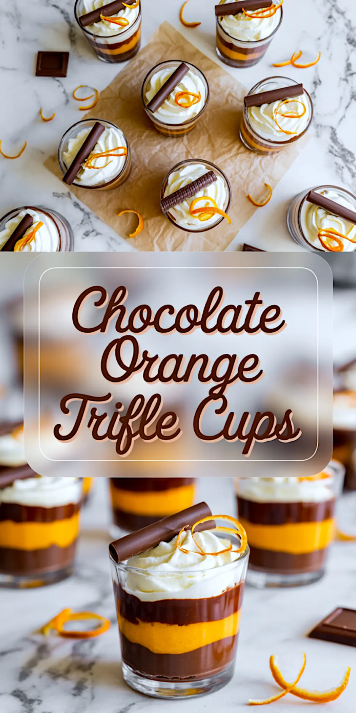 Layered chocolate orange trifle cups collage with top-down view of multiple desserts topped with orange peel and chocolate sticks, middle section displaying the recipe title in elegant font, and bottom section showing close-ups of vibrant layered trifles.