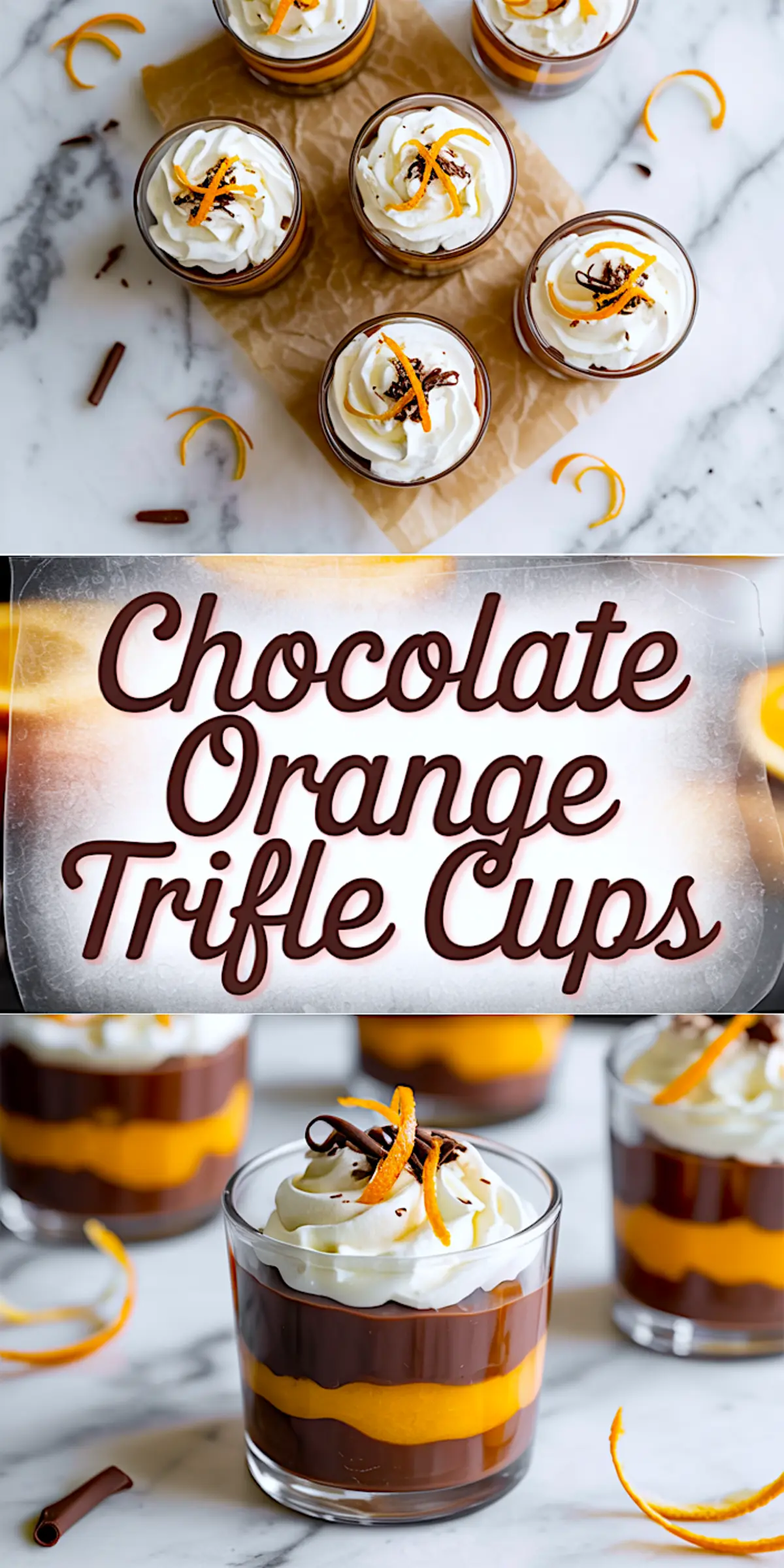 Collage showing chocolate orange trifle cups with whipped cream, chocolate shavings, and citrus zest, set against a marble background, with bold centered text “Chocolate Orange Trifle Cups” and detailed close-up of the layered dessert.