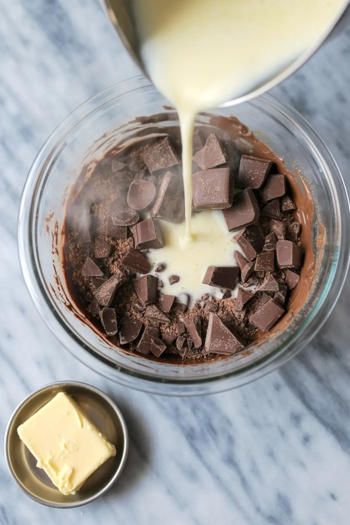 Hot cream being poured over chopped milk chocolate in a glass bowl to make ganache, with a pat of butter in a metal dish nearby on a marble background.