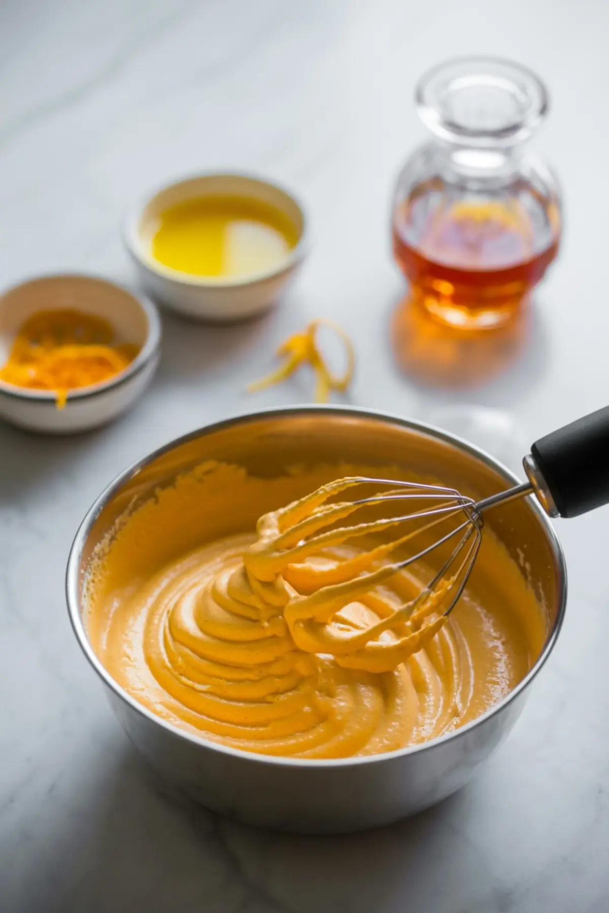 A stainless steel bowl with whipped orange cream mixture and a whisk, surrounded by ingredients including orange zest, melted butter, and a glass jar of orange liqueur on a white surface.